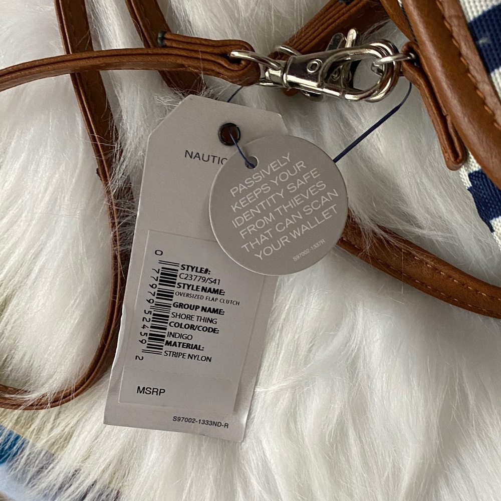 Nautica Striped Crossbody Bag navy blue and white with Tan Accents - Picture 6 of 9